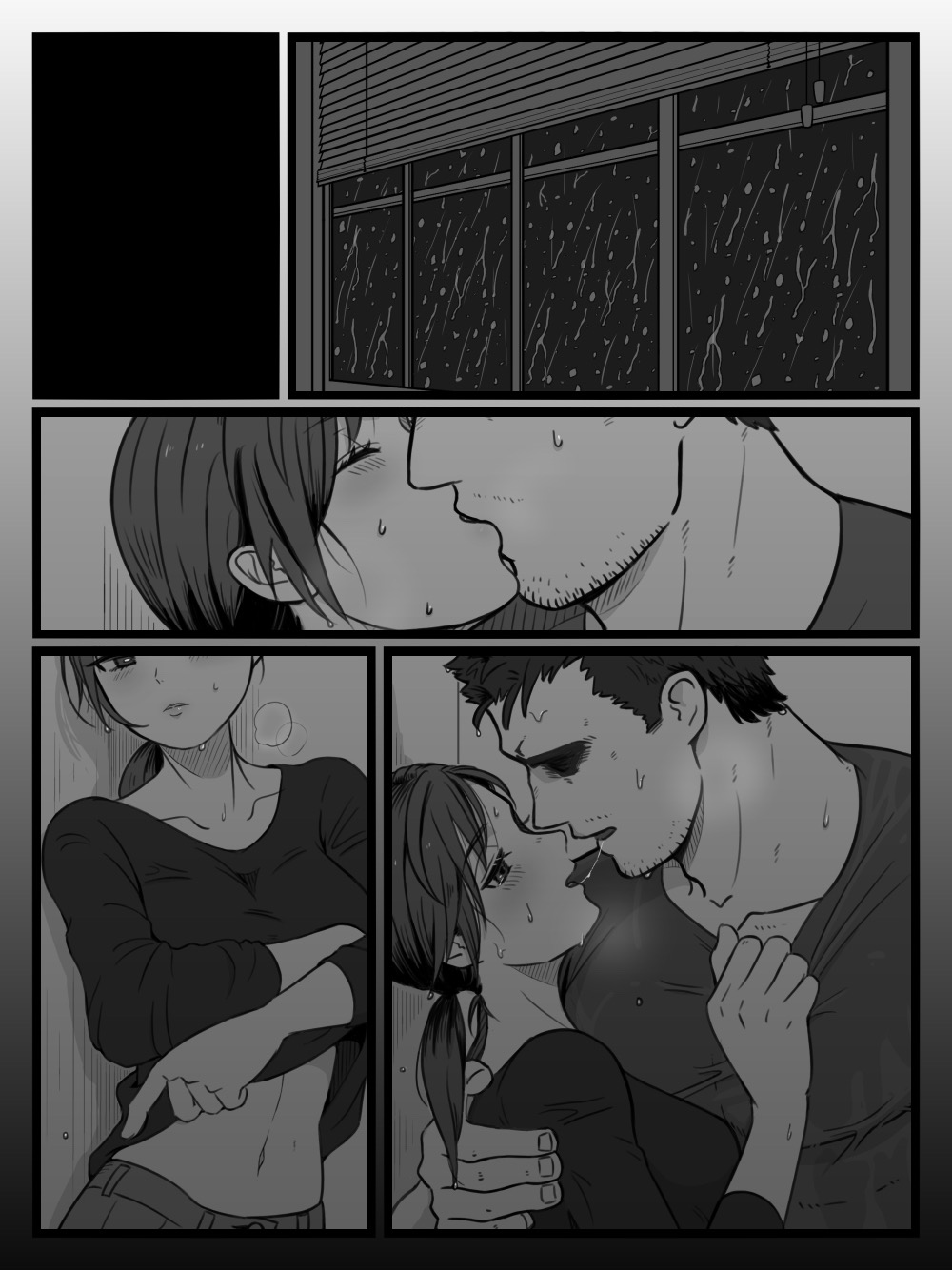 daisy mk 589, chris redfield, jill valentine, resident evil, highres, 1boy, 1girl, beard stubble, black shirt, closed eyes, facial hair, french kiss, greyscale, kiss, long hair, midriff, monochrome, ponytail, saliva, shirt, stubble, sweat