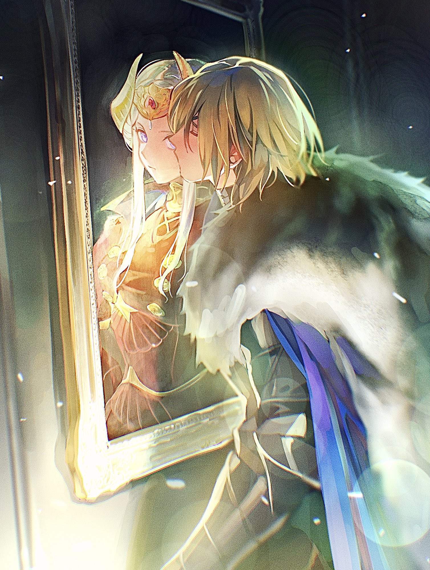 soma otakuu, dimitri alexandre blaiddyd, dimitri alexandre blaiddyd (timeskip), edelgard von hresvelg, edelgard von hresvelg (timeskip), fire emblem, fire emblem: three houses, nintendo, highres, korean commentary, 1boy, 1girl, armor, blonde hair, blue cape, blurry, blush, cape, closed eyes, closed mouth, couple, depth of field, dress, eyepatch, fake horns, formal clothes, friends, from side, full armor, fur-trimmed cape, fur trim, hair between eyes, headpiece, hetero, horns, indoors, kiss, light particles, messy hair, picture frame, purple eyes, red dress, shade, short hair, standing, suit