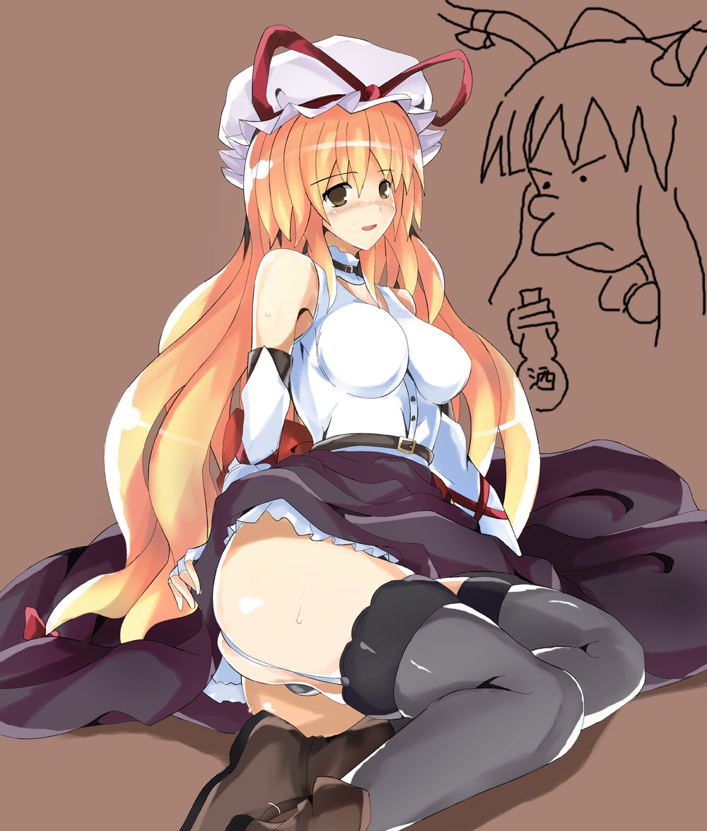 usugiri bacon, ibuki suika, yakumo yukari, touhou, 1girl, arm support, ass, bare shoulders, belt, black panties, black thighhighs, blonde hair, blush, boots, bow, breasts, bridal gauntlets, buckle, cleavage cutout, clothes lift, clothing cutout, cosplay, detached sleeves, elbow gloves, female focus, fingerless gloves, garter straps, gloves, grey background, hat, hat bow, hip focus, horns, ibuki suika (cosplay), impossible clothes, impossible shirt, large breasts, legs, long hair, looking at viewer, nervous, nose blush, panties, pantyshot, purple background, shiny clothes, shiny skin, shirt, simple background, sitting, skindentation, skirt, skirt lift, sleeveless, sleeveless shirt, solo, thighhighs, thighs, underwear, upskirt, very long hair, yellow eyes, yokozuwari