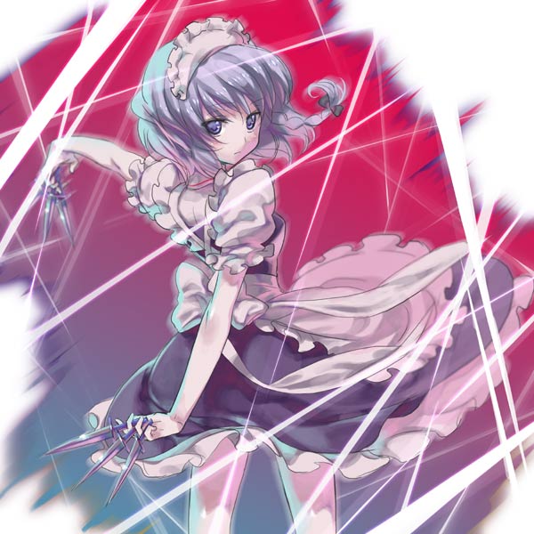 moriki takeshi, izayoi sakuya, touhou, 1girl, between fingers, female focus, holding, knife, looking back, maid, maid headdress, slashing, solo