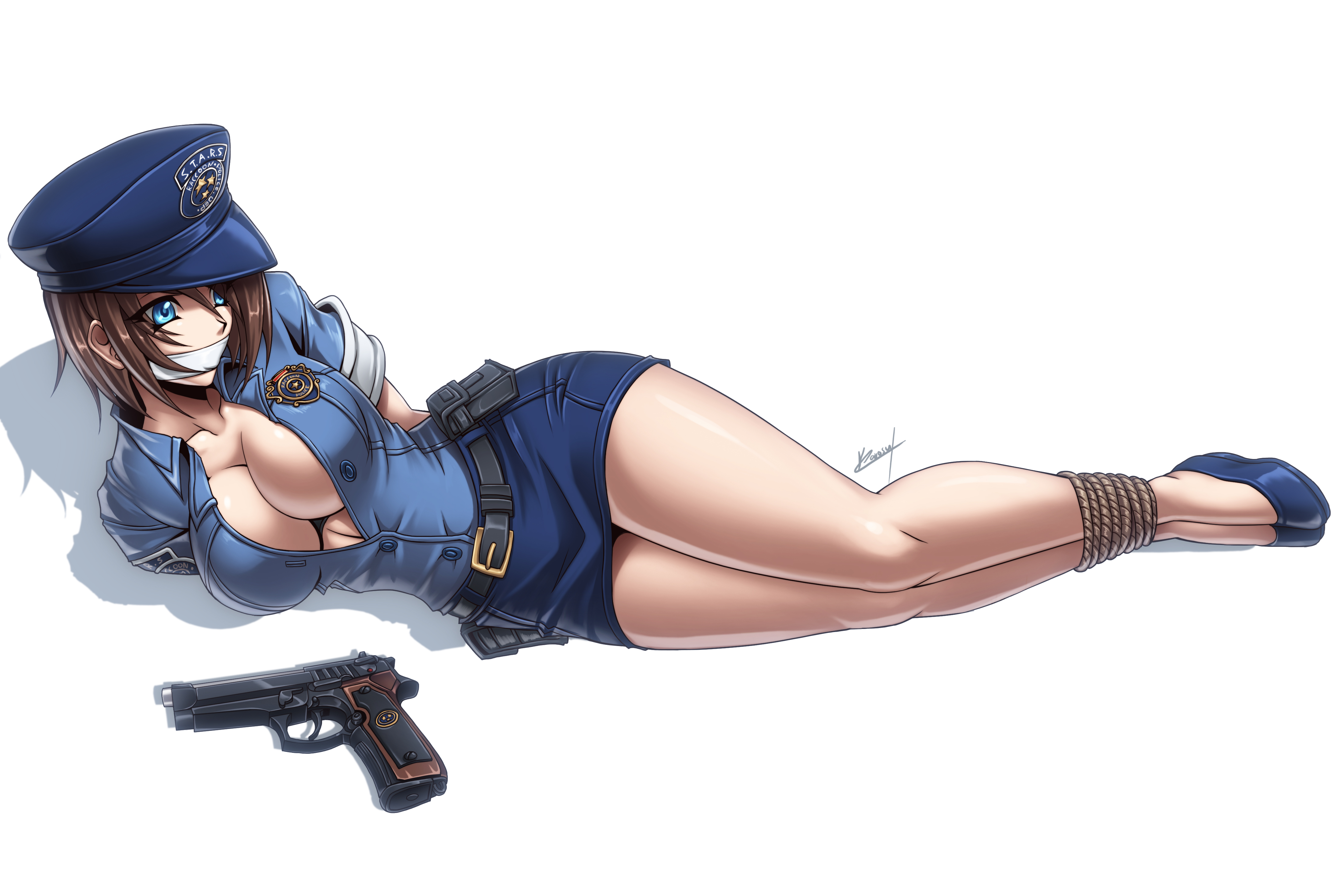 karosu maker, jill valentine, resident evil, absurdres, commission, highres, 1girl, bare legs, belt, blue eyes, blue hat, blue shirt, blue skirt, breasts, brown hair, cleavage, gagged, gun, handgun, hat, large breasts, legs, no bra, police, police uniform, policewoman, restrained, shirt, signature, simple background, skirt, weapon, white background