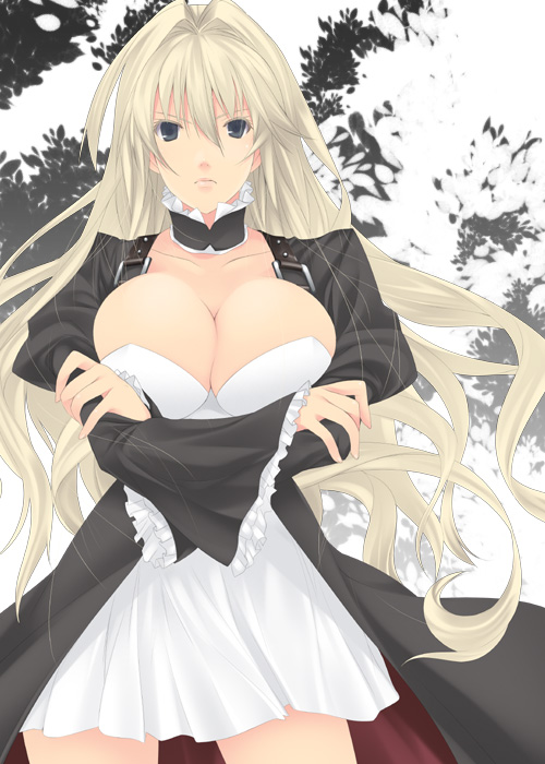 mizuki makoto, tsukiumi, sekirei, breast hold, 00s, 1girl, blonde hair, breasts, breasts squeezed together, bursting breasts, cleavage, crossed arms, female focus, frills, huge breasts, large breasts, long hair, skirt, solo