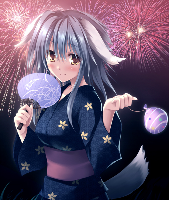 tateha (marvelous grace), original, 1girl, aerial fireworks, animal ears, asa no ha (pattern), dog ears, female focus, fireworks, hand fan, japanese clothes, kimono, paper fan, solo, yukata