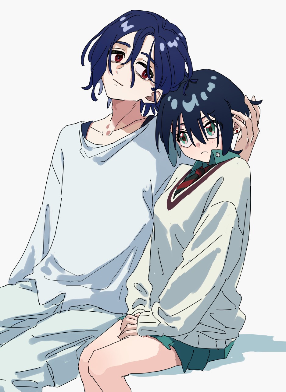 o6nuqm, amate yuzuriha, shuji ito, gundam, gundam gquuuuuux, commentary request, highres, 1boy, 1girl, alternate hair color, aqua eyes, aqua shirt, aqua skirt, black hair, black necktie, blue hair, cardigan, collared shirt, diagonal-striped clothes, diagonal-striped necktie, hands on own legs, hands on own thighs, heads together, light blush, long sleeves, looking at another, multicolored eyes, necktie, pants, playing with another's hair, playing with hair, pleated skirt, red eyes, red necktie, school uniform, shirt, sitting, skirt, striped clothes, sweater, two-tone eyes, upturned eyes, white background, white cardigan, white pants, white shirt, white sweater