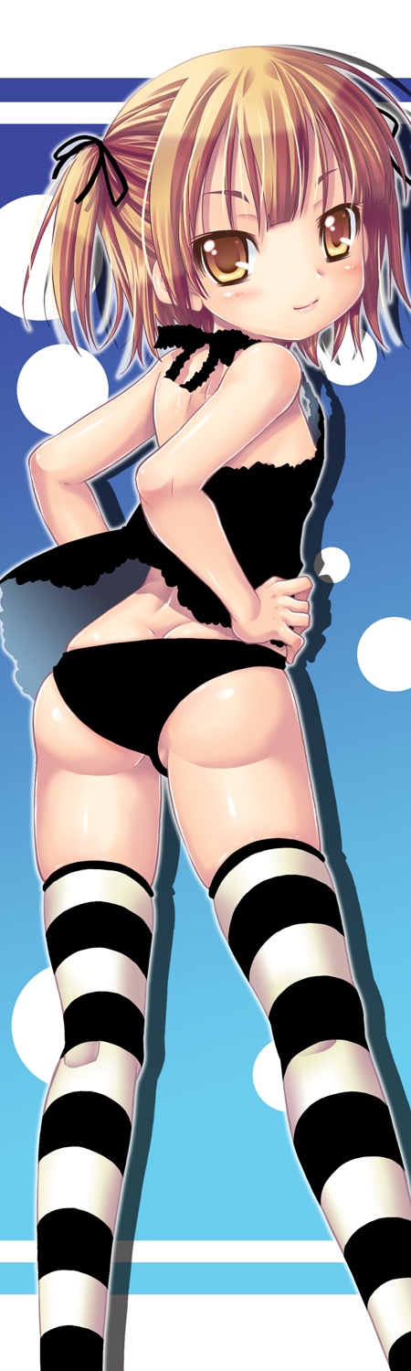 alto seneka, marui mitsuba, mitsudomoe (manga), bad id, bad pixiv id, highres, long image, tall image, 1girl, ass, back, black panties, blonde hair, female focus, hair ribbon, kneepits, loli, looking back, no bra, panties, ribbon, short hair, solo, striped clothes, striped thighhighs, thighhighs, underwear, yellow eyes