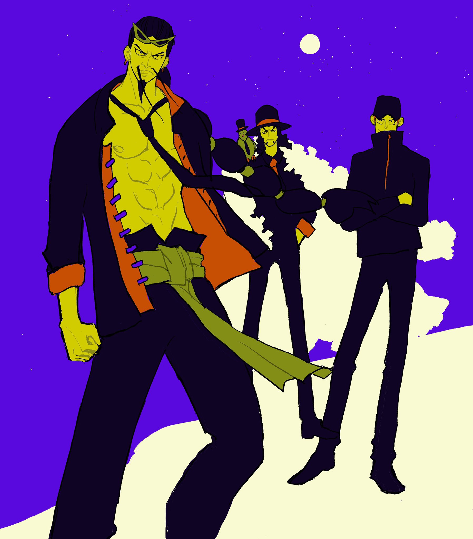 ttongyyu, hattori (one piece), jabra (one piece), kaku (one piece), rob lucci, one piece, highres, 3boys, abs, animal, animal on shoulder, bird, bird on shoulder, black hair, black hat, black necktie, black suit, clenched teeth, crossed arms, earrings, eyewear on head, facial hair, formal clothes, goatee, hand in pocket, hat, jewelry, long hair, male focus, multiple boys, necktie, ponytail, sash, short hair, suit, teeth, turtleneck