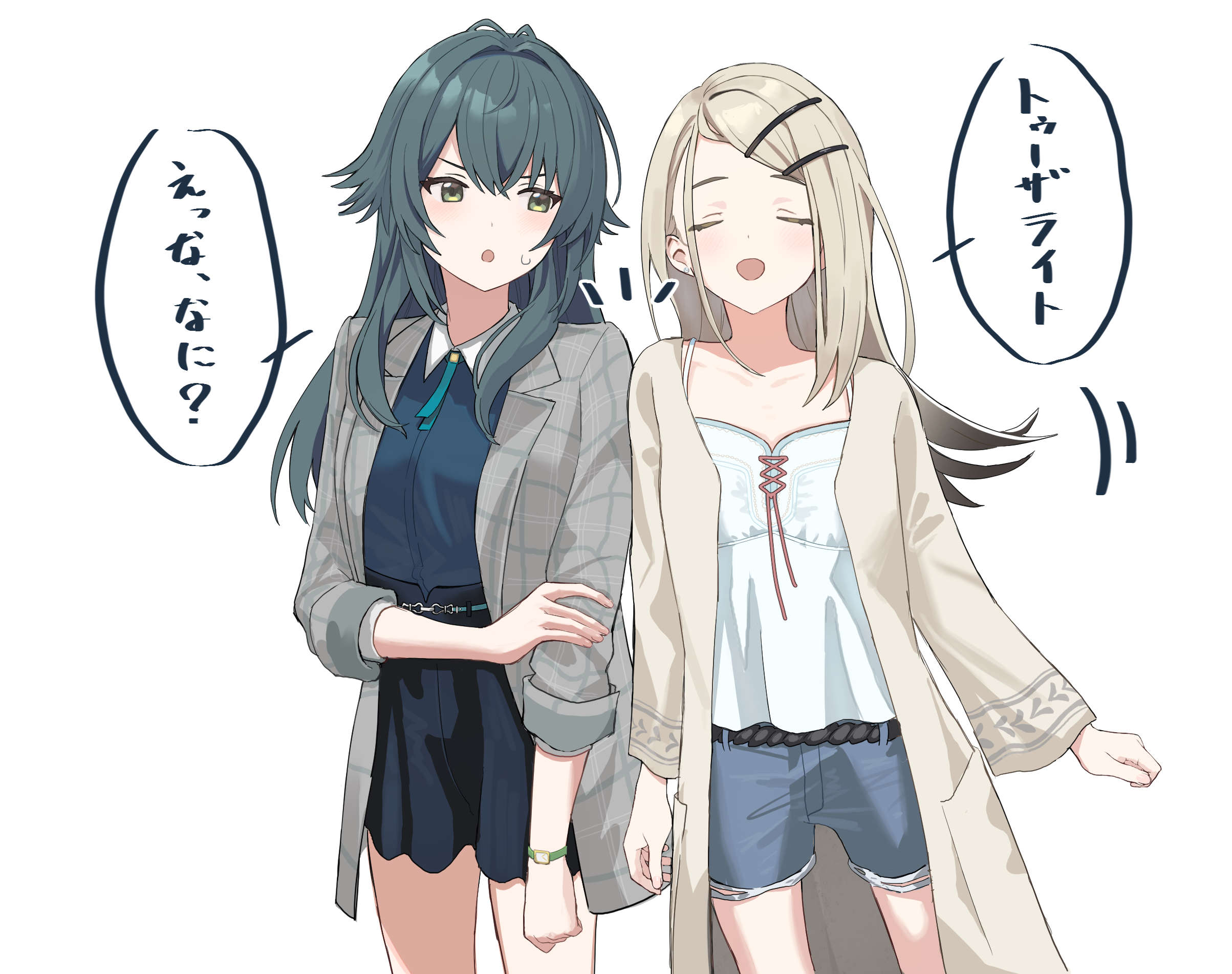nune (60569), shinosawa hiro, tsukimura temari, gakuen idolmaster, idolmaster, highres, 2girls, antenna hair, belt, black belt, black skirt, blonde hair, blue shirt, blush, brown jacket, camisole, closed eyes, collarbone, cowboy shot, denim, denim shorts, facing ahead, flipped hair, green eyes, green hair, grey jacket, hair flaps, hair ornament, hairclip, hand on own arm, jacket, long hair, long sleeves, looking at another, motion lines, multiple girls, open clothes, open jacket, open mouth, plaid clothes, plaid jacket, shirt, shorts, simple background, skirt, smile, speech bubble, standing, sweatdrop, v-shaped eyebrows, watch, white background, white camisole, wristwatch