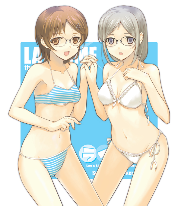 dasoku sentarou, original, 2girls, bikini, breasts, cowboy shot, glasses, halterneck, holding hands, medium breasts, multiple girls, open mouth, round eyewear, side-tie bikini bottom, striped bikini, striped clothes, swimsuit, white bikini