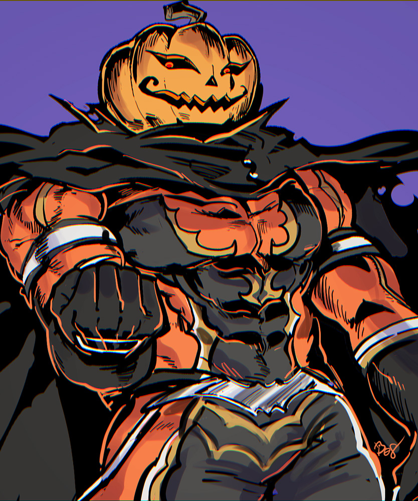 plus08 (tasuhachi), jack-o'-lantern (grimms notes), grimms notes, 1boy, black cape, cape, clenched hand, looking at viewer, male focus, muscular, muscular male, open mouth, pumpkin head, red eyes, smile, solo