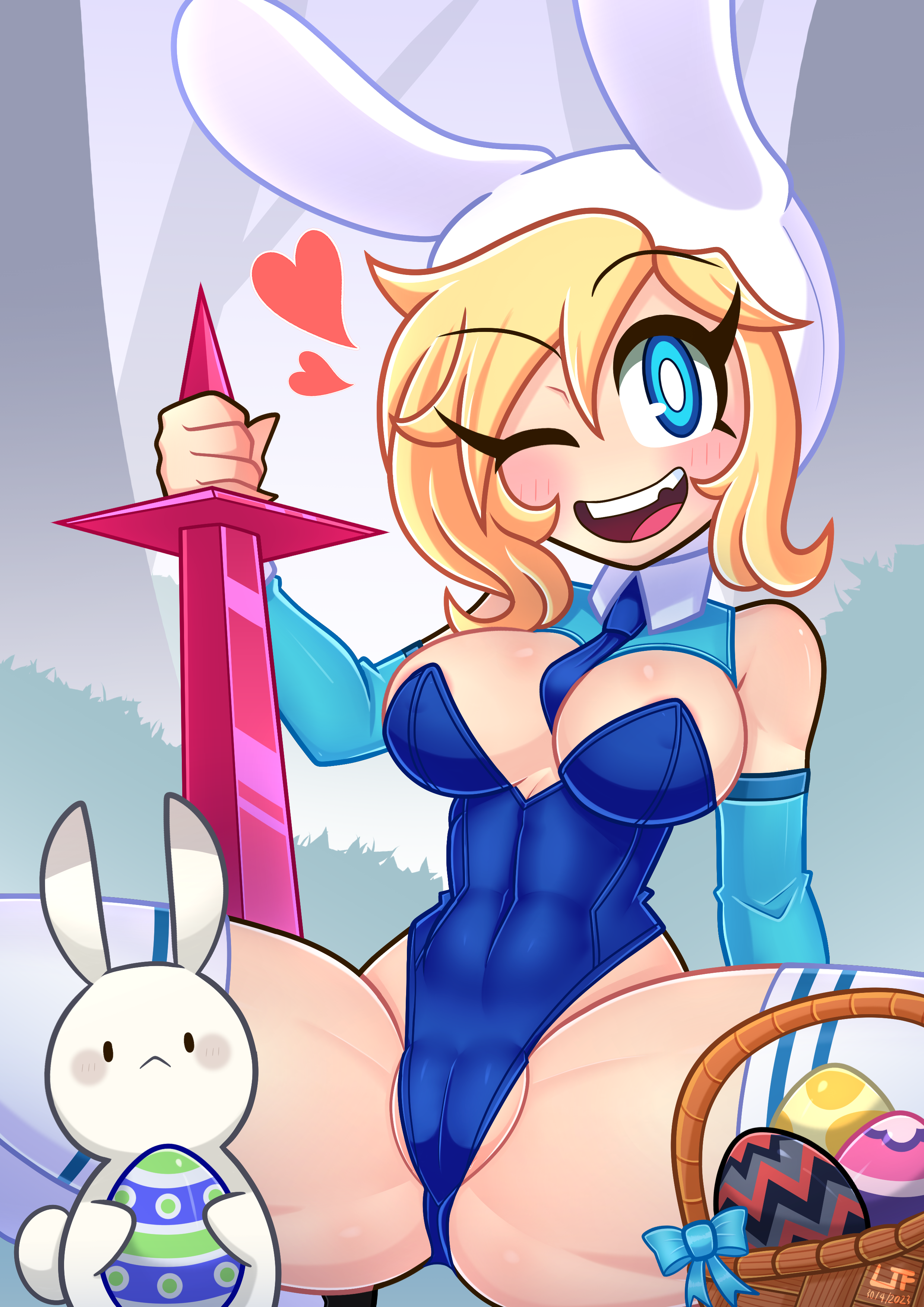 lezakit, fionna campbell, adventure time, absurdres, highres, 1girl, adapted costume, animal, animal ears, animal hood, bare shoulders, blonde hair, blue eyes, blue leotard, blue necktie, blue shrug, blue sleeves, blush, breasts, cameltoe, collar, covered navel, day, detached collar, detached hood, detached sleeves, egg, fake animal ears, feet out of frame, highleg, highleg leotard, hood, hood up, large breasts, leotard, looking at viewer, missing tooth, necktie, one eye closed, open mouth, outdoors, playboy bunny, rabbit, rabbit ears, short hair, shrug (clothing), sleeveless, sleeveless shrug, smile, solo focus, spread legs, squatting, strapless, strapless leotard, sword, teeth, thick thighs, thighhighs, thighs, upper teeth only, weapon, white collar, white hood, white thighhighs, wide spread legs, wink