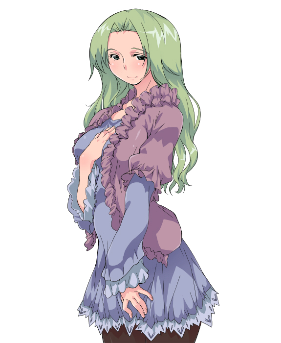 amami amayu, original, 1girl, dress, female focus, frills, green eyes, green hair, long hair, matching hair/eyes, pantyhose, smile, solo