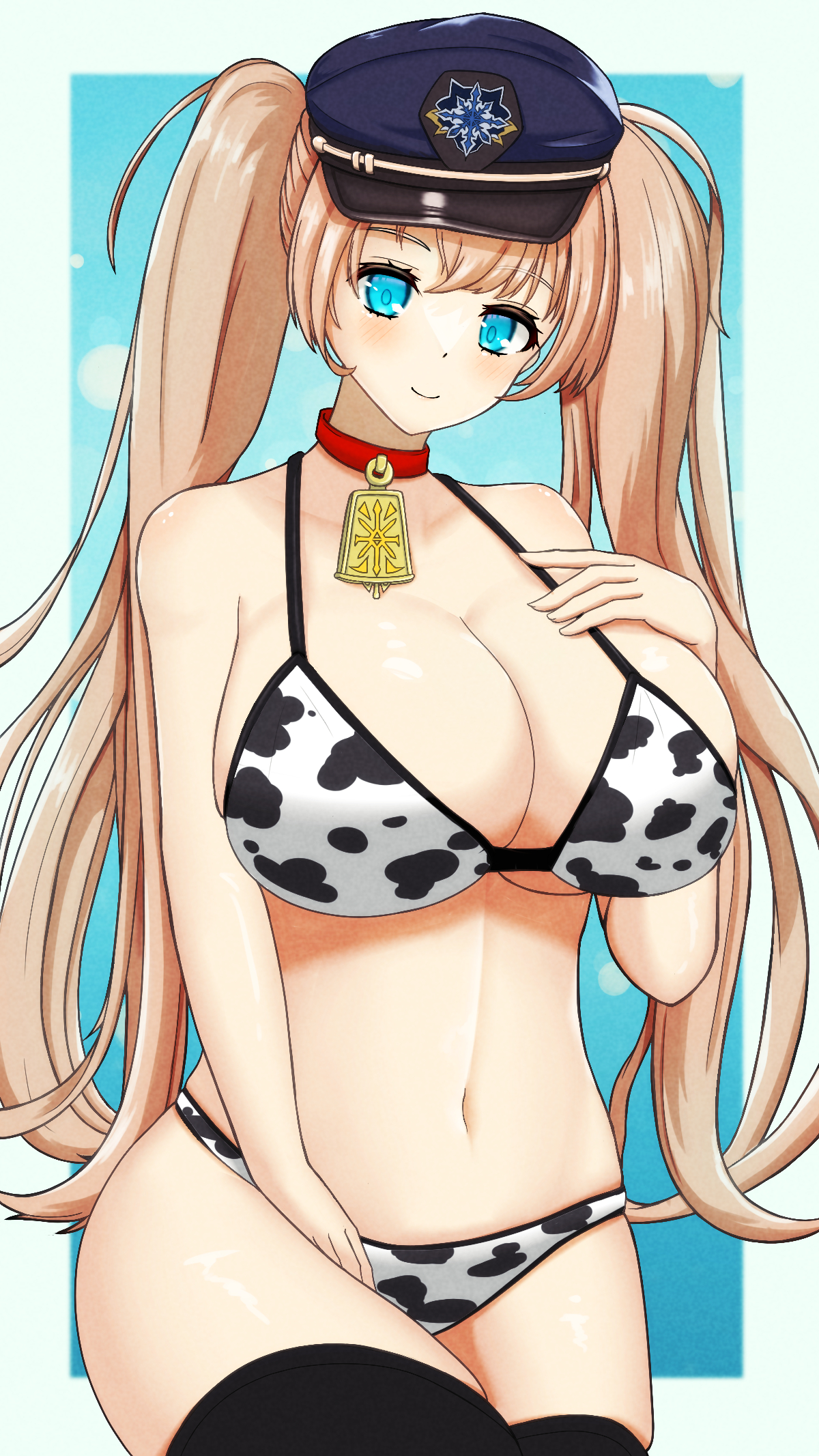 chaos gerda (gakuen) (grimms notes), chaos gerda (grimms notes), grimms notes, grimms notes gakuen, highres, 1girl, animal print, aqua eyes, bikini, breasts, closed mouth, cow print, cow print bikini, cowboy shot, desgosb, huge breasts, looking at viewer, navel, print bikini, smile, solo, swimsuit