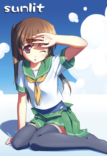 takoyaki (roast), original, 1girl, feet, female focus, school swimsuit, school uniform, serafuku, skirt, solo, swimsuit, swimsuit under clothes, thighhighs, zettai ryouiki
