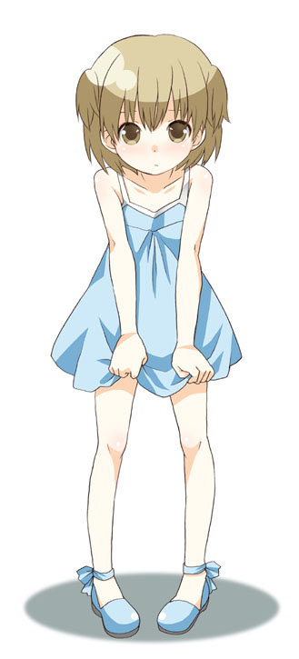mattaku mousuke, original, 1girl, bare legs, blue skirt, blush, brown eyes, brown hair, dress, female focus, mary janes, shoes, short dress, short hair, simple background, skirt, skirt hold, sleeveless, sleeveless dress, solo, white background
