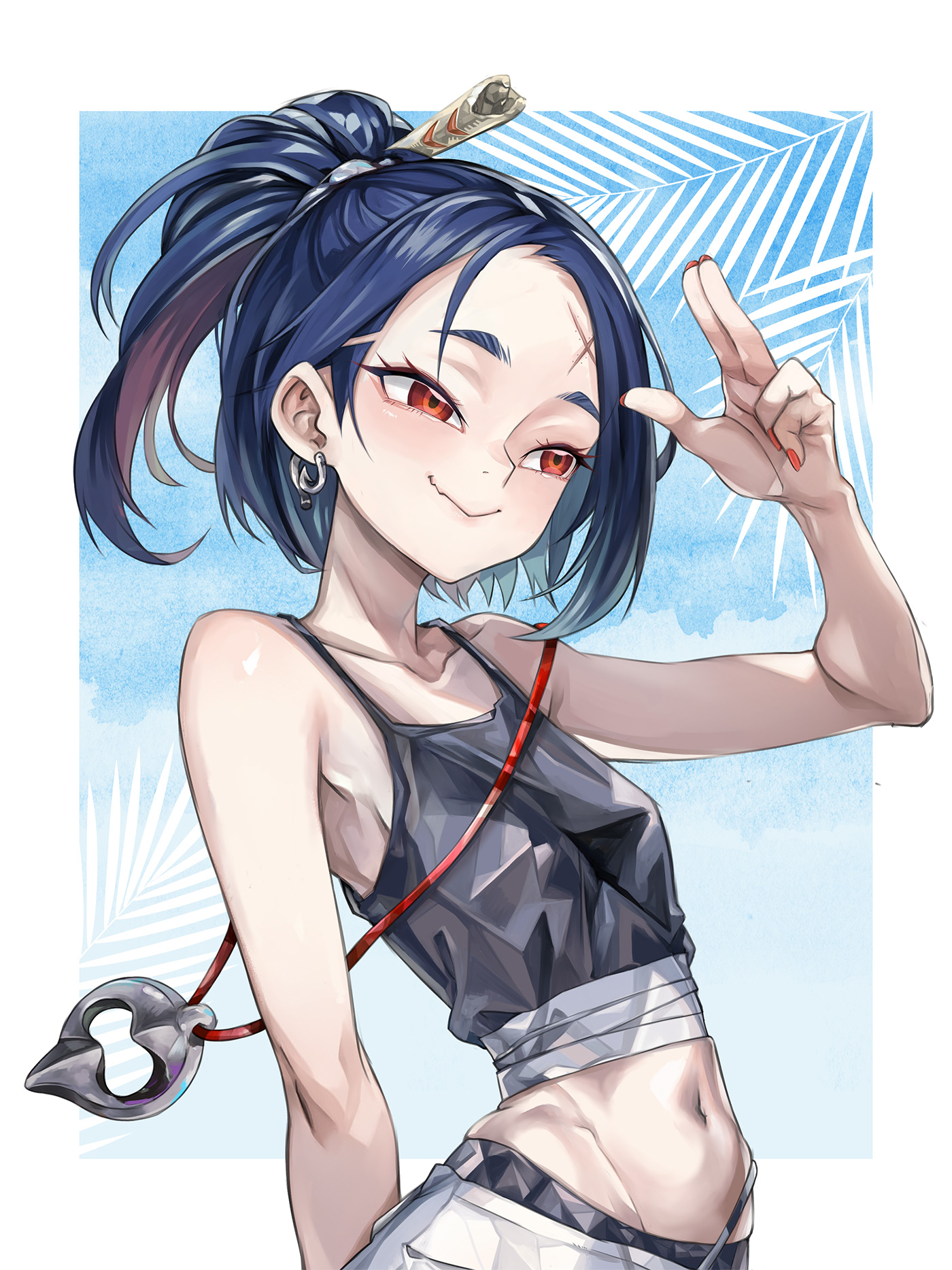 jajanome, shiver (splatoon), shiver (splatoon raiders), nintendo, splatoon (series), splatoon raiders, commentary request, highres, 1girl, blue hair, border, closed mouth, collarbone, crop top, earrings, fish hook earrings, humanization, jewelry, nail polish, navel, outside border, ponytail, red eyes, red nails, salute, scar, scar on face, scar on forehead, single earring, smile, solo, standing, two-finger salute, white border