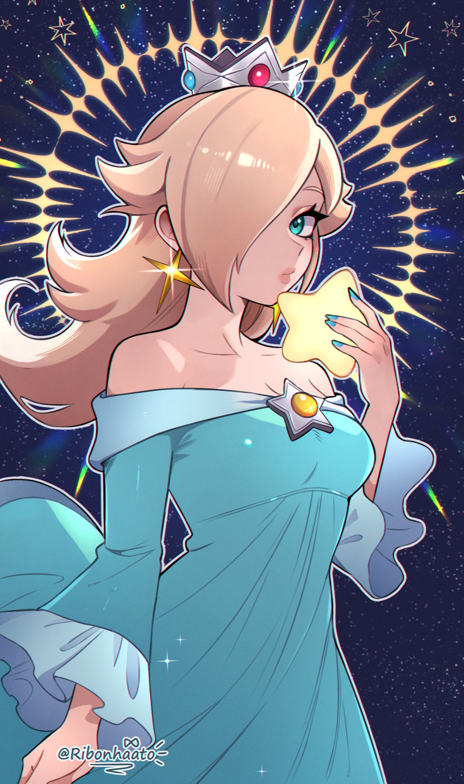 ribonhaato, rosalina, mario (series), nintendo, absurdres, highres, bare shoulders, blonde hair, blue dress, blue eyes, blue nails, brooch, closed mouth, crown, dress, earrings, eyelashes, hair over one eye, holding, holding star, jewelry, long hair, long sleeves, looking at viewer, off-shoulder dress, off shoulder, space, star (symbol), star brooch, star earrings, twitter username
