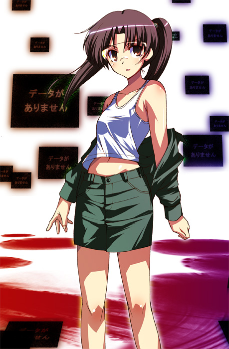 matsuzaki yutaka, amasawa yuuko, dennou coil, 00s, 1girl, black hair, female focus, goggles, jacket, midriff, miniskirt, off shoulder, orange eyes, pencil skirt, skirt, solo, tank top, twintails