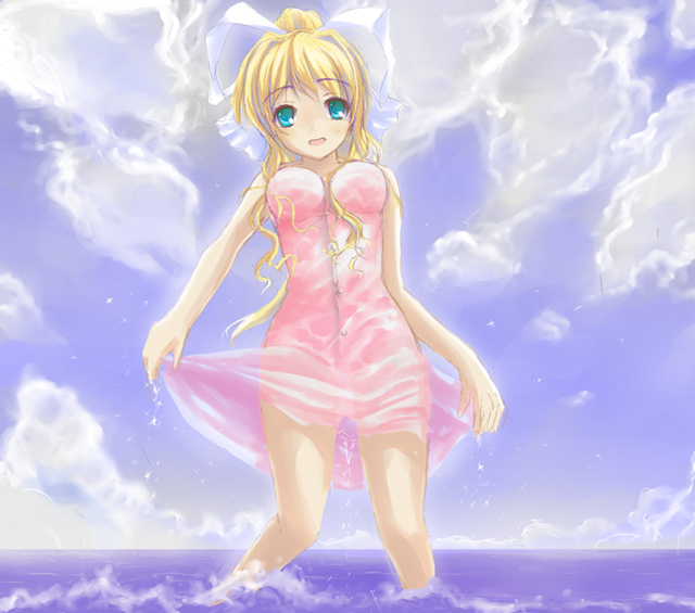 satou takeshi, kamio misuzu, air (visual novel), 00s, 1girl, :d, bare shoulders, blonde hair, blue eyes, blue sky, blunt bangs, blush, breasts, cloud, day, dress, female focus, looking at viewer, medium breasts, ocean, open mouth, outdoors, pink dress, short hair, sky, sleeveless, sleeveless dress, smile, solo, splashing, wading, water