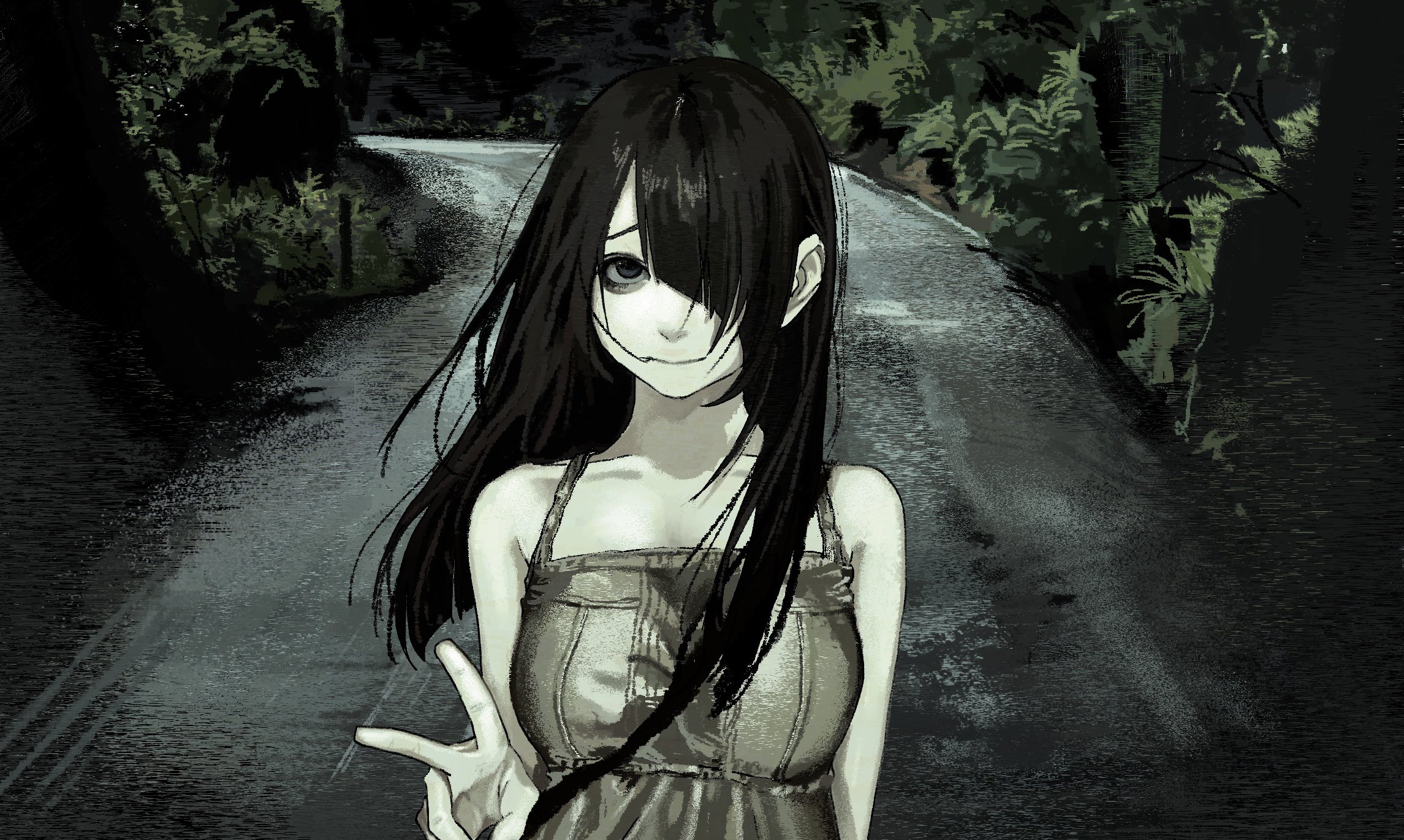 original, commentary, highres, 1girl, asymmetrical bangs, black eyes, black hair, closed mouth, collarbone, diagonal bangs, furrowed brow, hair over one eye, long hair, outdoors, pale skin, parted bangs, road, solo, standing, v, ystty0