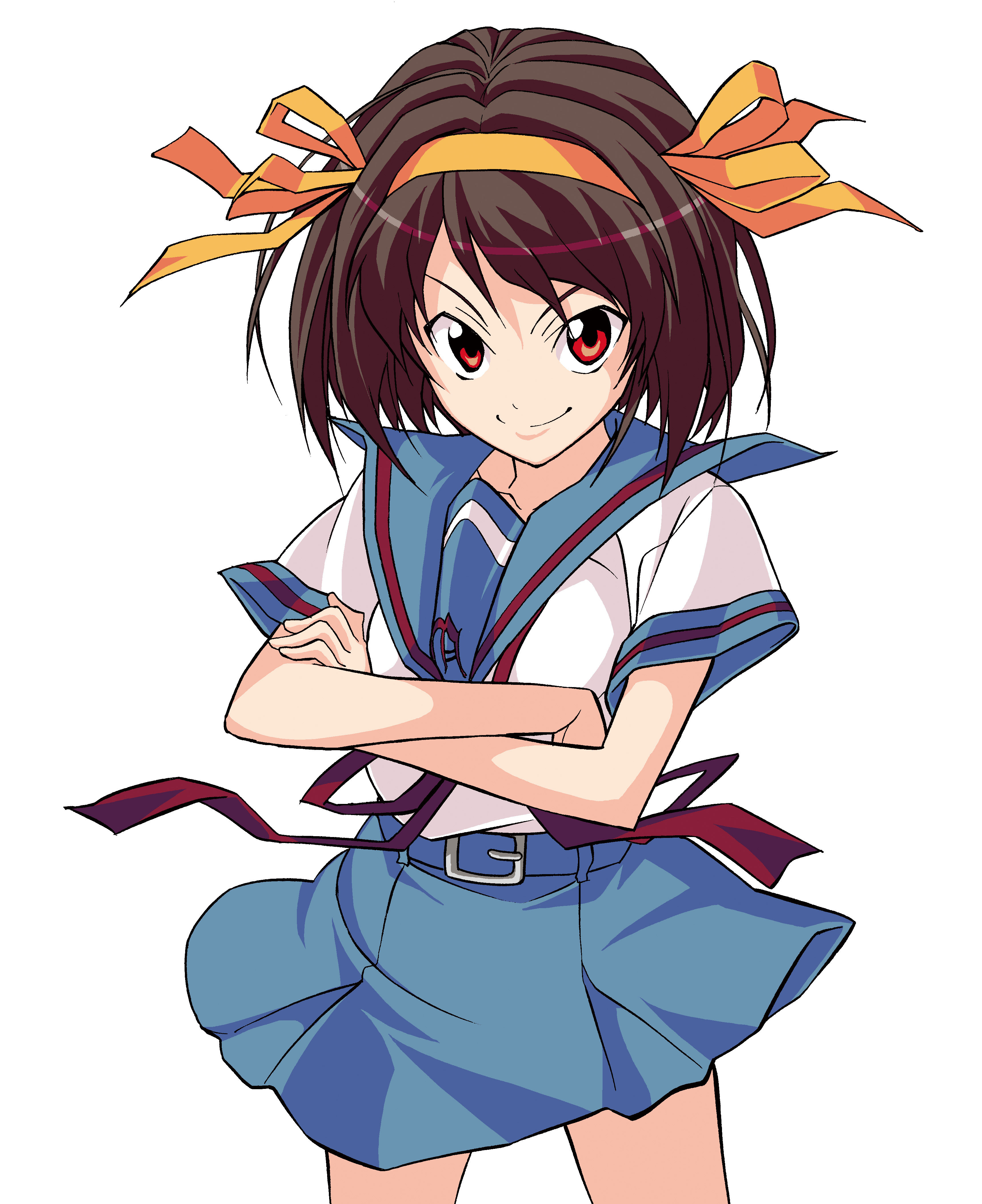 hiroyuki, suzumiya haruhi, suzumiya haruhi no yuuutsu, absurdres, bad id, bad pixiv id, highres, 00s, brown hair, crossed arms, hairband, school uniform, serafuku, simple background, smile, solo