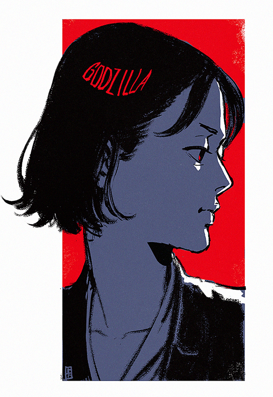 a-ka, ogashira hiromi, godzilla (series), shin godzilla, commentary request, 1girl, border, closed mouth, collarbone, copyright name, greyscale with colored background, jacket, looking to the side, outside border, parted bangs, portrait, profile, red background, shirt, short hair, simple background, solo, spot color, turning head, white border