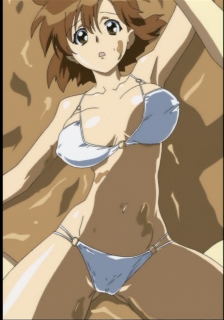 kojima kirie, girls bravo, messy, anime screenshot, stitched, third-party edit, 00s, 1girl, :o, arm up, armpits, bikini, breasts, breasts apart, brown eyes, brown hair, covered erect nipples, hair between eyes, large breasts, looking at viewer, lying, mud, mud wrestling, navel, o-ring, o-ring bikini, o-ring bottom, o-ring top, on back, open mouth, pillarboxed, pov, short hair, solo focus, spread legs, swimsuit, unaligned breasts, white bikini, wide hips