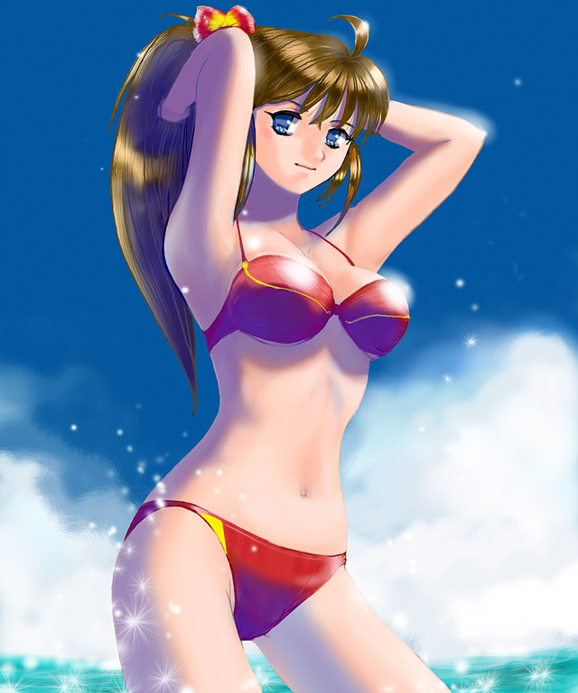 non-web source, 1girl, arms up, bikini, blue eyes, brown hair, cloud, day, female focus, ponytail, sky, solo, swimsuit, water