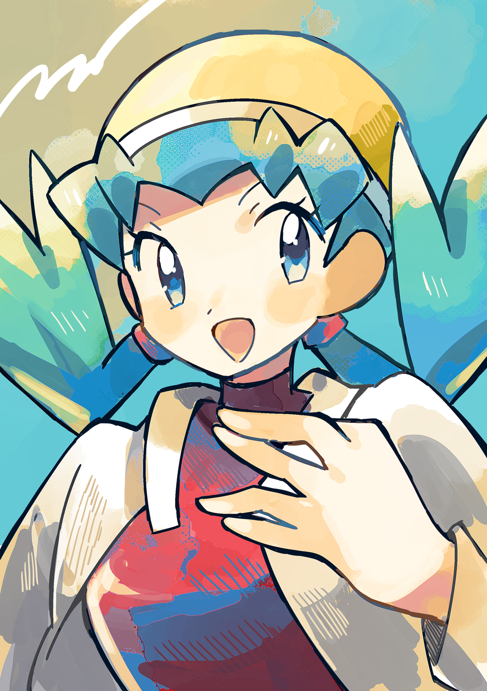 anidler91, kris (pokemon), nintendo, pokemon, pokemon gsc, highres, 1girl, :d, blue eyes, blue hair, eyelashes, hat, jacket, long sleeves, open clothes, open jacket, open mouth, red shirt, shirt, smile, solo, twintails, upper body, white jacket, yellow hat