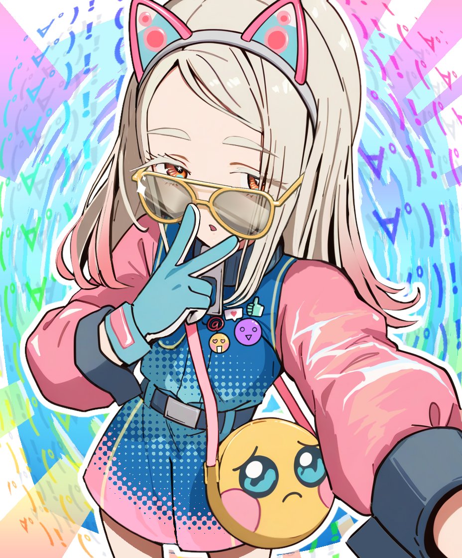 hiraji, shinosawa hiro, gakuen idolmaster, idolmaster, 1girl, alternate hair color, animal ear hairband, animal ears, badge, bag, belt, blonde hair, blue belt, blue dress, blue gloves, button badge, colored eyelashes, colorful background, cowboy shot, dress, emoji, fake animal ears, flipped hair, glint, gloves, gradient hair, hairband, long hair, long sleeves, looking at viewer, miracle na now! (idolmaster), multicolored hair, open mouth, orange eyes, pink dress, pink hair, pleading face emoji, reaching, reaching towards viewer, shoulder bag, solo, standing, sunglasses, two-tone dress, two-tone hair, v, v over mouth, yellow-framed eyewear