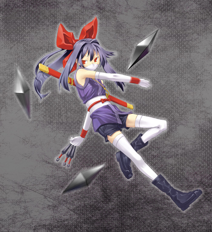 gou (double trigger), 1girl, boots, elbow gloves, female focus, gloves, kunai, long hair, mask, mouth mask, ninja, ninja mask, ponytail, purple hair, red eyes, shorts, solo, thighhighs, weapon, white thighhighs