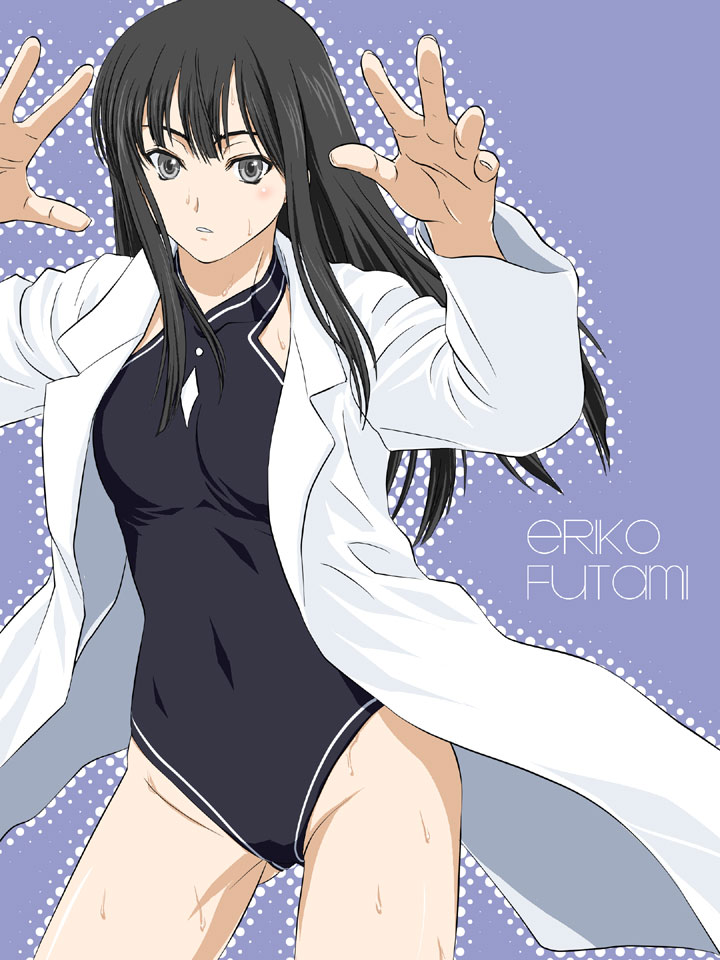 iga tomoteru, futami eriko, kimi kiss, tagme, lab coat, one-piece swimsuit, solo, swimsuit