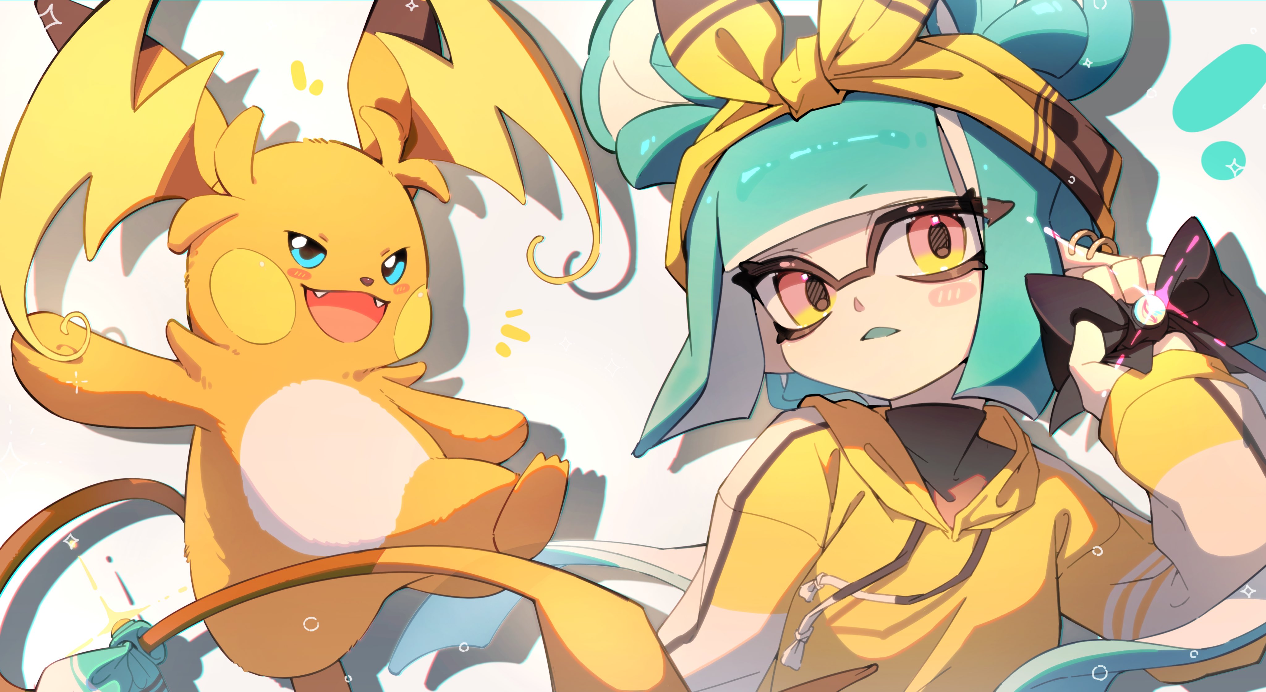 inkling girl, inkling player character, mega raichu y, raichu, nintendo, pokemon, splatoon (series), splatoon 3, absurdres, highres, 1girl, aqua hair, black bow, blue eyes, bow, chu u0spl, fangs, gen 1 pokemon, hairband, inkling, jacket, looking at viewer, medium hair, mega evolution, mega stone, open mouth, pokemon (creature), smile, sparkle, tail, tentacle hair, yellow eyes, yellow hairband, yellow jacket