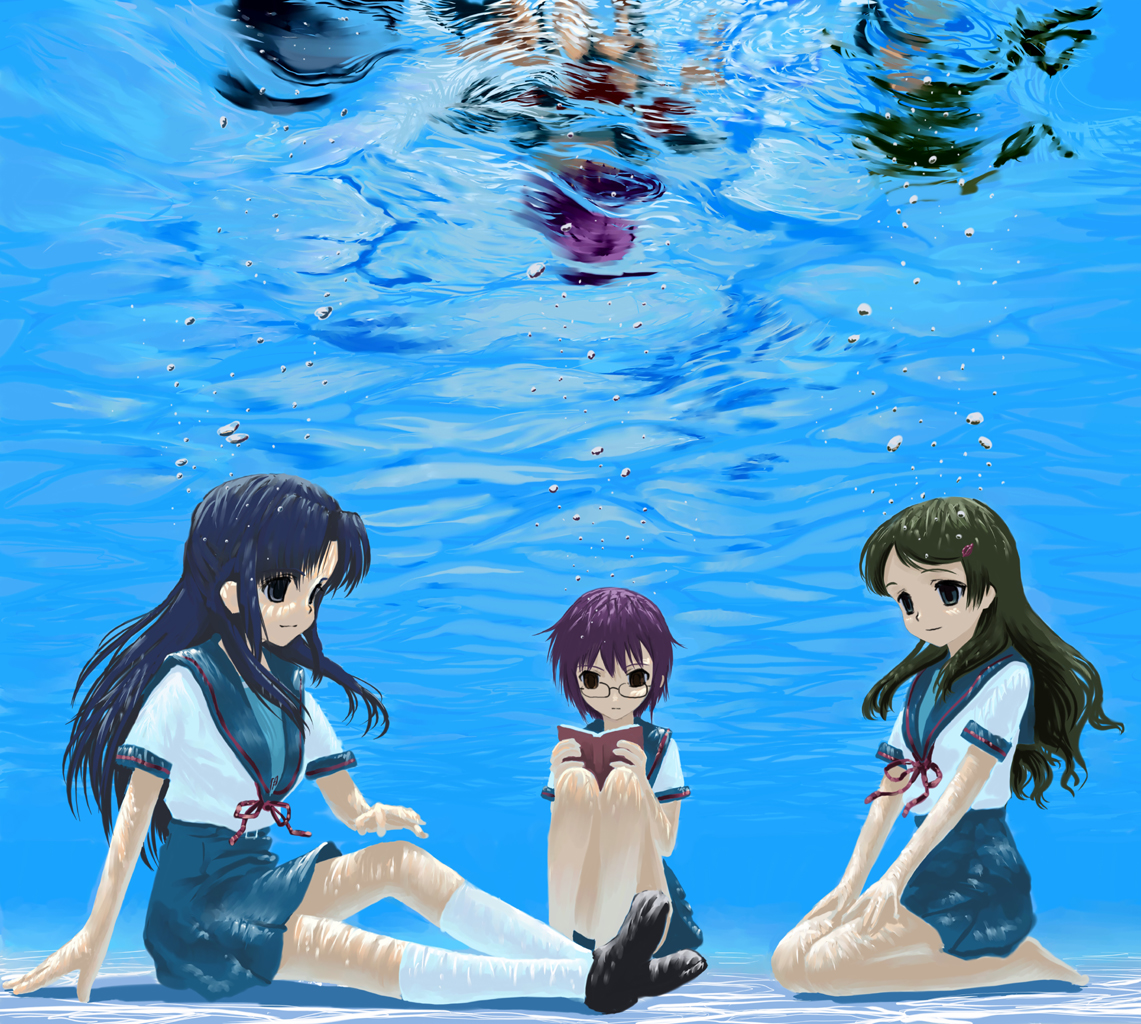 mocha, snowflake (artist), asakura ryoko, kimidori emiri, nagato yuki, suzumiya haruhi no yuuutsu, 00s, 3girls, barefoot, blue eyes, blue hair, book, bubble, feet, glasses, green hair, long hair, multiple girls, open book, purple hair, reading, school uniform, serafuku, short hair, underwater, wet, wet clothes