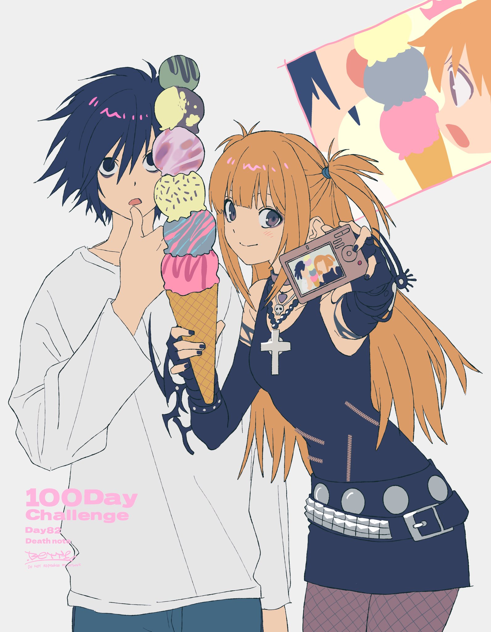 betti (xx betti), amane misa, l (death note), death note, highres, 1boy, 1girl, :o, bags under eyes, belt, black belt, black dress, black eyes, black gloves, black hair, black nails, brown eyes, camera, cross, cross necklace, dress, fingerless gloves, fishnet pantyhose, fishnets, food, gloves, goth fashion, hair between eyes, holding, holding camera, holding ice cream cone, ice cream, ice cream cone, jewelry, long hair, long sleeves, multiple scoops, necklace, pantyhose, selfie, shirt, short hair, short twintails, signature, skull necklace, smile, twintails, white shirt