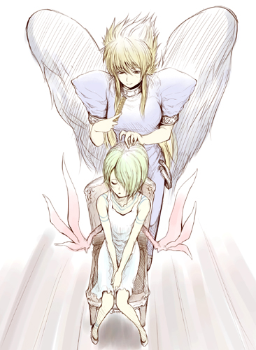 taka yanagi, takayanagi (artist), nina (breath of fire ii), nina (breath of fire v), breath of fire, breath of fire ii, breath of fire v, capcom, lowres, 2girls, angel wings, black wings, blonde hair, chair, dress, green hair, long hair, multiple girls, red wings, short hair, sitting, wings