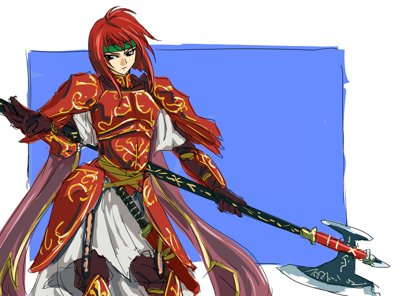 michael f91, minerva (fire emblem), dragon knight, fire emblem, fire emblem: mystery of the emblem, fire emblem: shadow dragon, nintendo, 1girl, angry, armor, axe, cape, elbow gloves, female focus, gloves, hairband, halberd, headband, polearm, red armor, red hair, serious, short hair, sketch, solo, standing, sword, weapon, wyvern rider