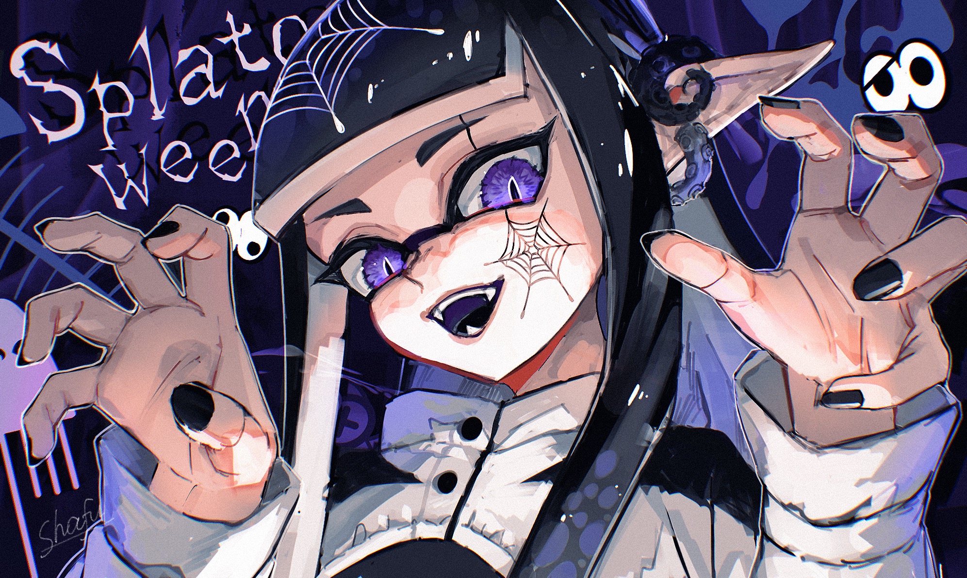 shafu, inkling girl, inkling player character, nintendo, splatoon (series), splatoon 3, commentary, highres, symbol-only commentary, 1girl, black hair, black nails, earrings, eyelashes, halloween, inkling, jacket, jewelry, long hair, looking at viewer, nail polish, open mouth, pointy ears, purple background, purple eyes, signature, slit pupils, smile, solo, spider web tattoo, tattoo, tentacle hair, upper body, white jacket