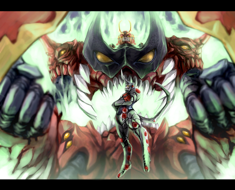 taka yanagi, takayanagi (artist), lazengann, tengen toppa gurren-lagann (mecha), tengen toppa gurren lagann, 00s, armor, crossed arms, helmet, letterboxed, machinery, mecha, no humans, robot, spiral power, super robot, weapon