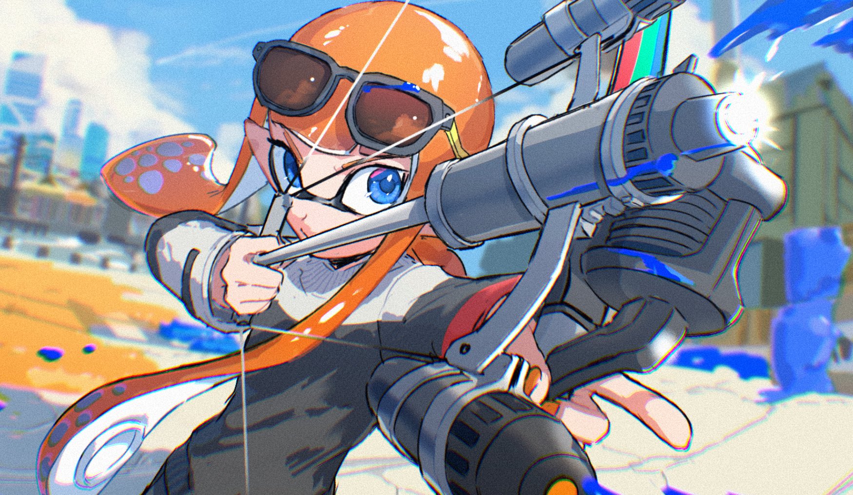 shafu, inkling girl, inkling player character, nintendo, splatoon (series), splatoon 3, commentary request, highres, 1girl, archery, black-framed eyewear, blue eyes, blue pupils, blurry, blurry background, bow (weapon), eyewear on head, holding, holding bow (weapon), holding weapon, ink, inkling, long hair, orange hair, outdoors, pointy ears, solo, standing, sunglasses, tentacle hair, tri-stringer (splatoon), weapon