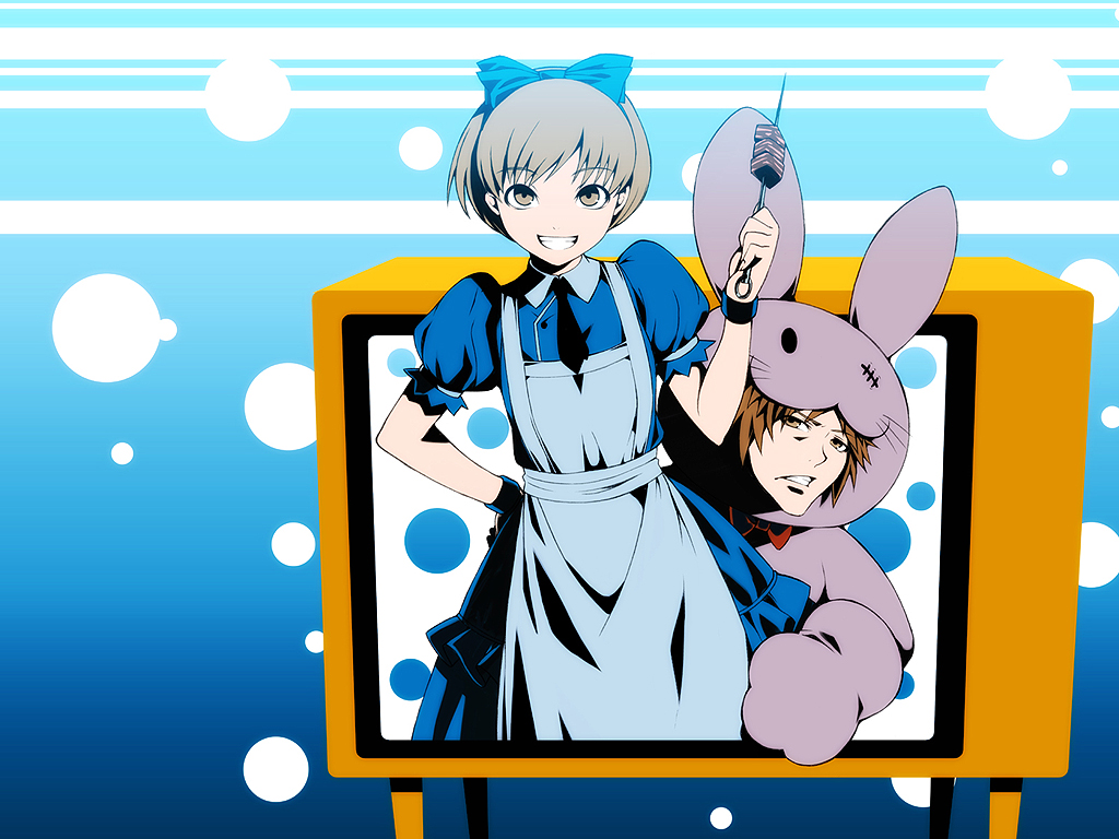 tasaka shinnosuke, alice (alice in wonderland), hanamura yousuke, satonaka chie, alice's adventures in wonderland, atlus, persona, persona 4, 2boys, alice (alice in wonderland) (cosplay), animal costume, bow, brown hair, cosplay, dress, food, gothic lolita, gradient background, grin, lolita fashion, male focus, meat, multiple boys, necktie, rabbit, ribbon, shish kebab, short hair, skewer, smile, television