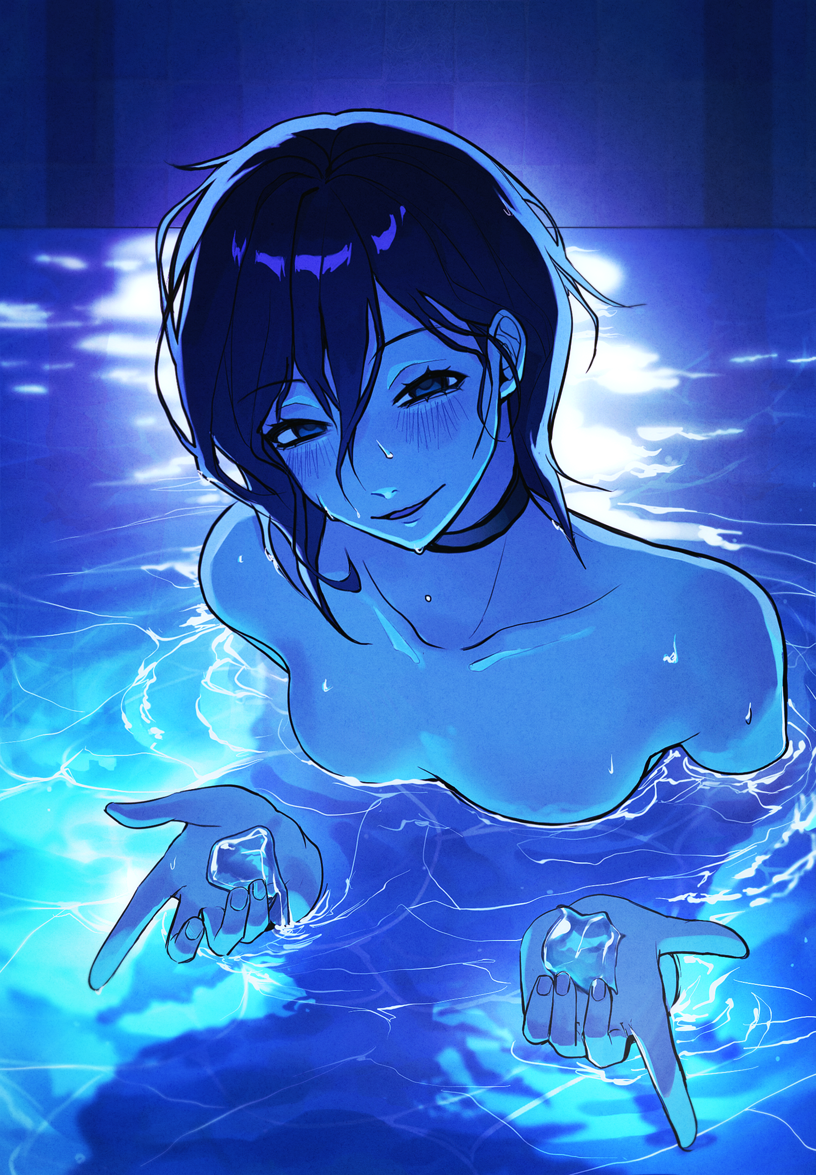 reze (chainsaw man), chainsaw man, highres, 1girl, black choker, blue hair, breasts, choker, hair between eyes, looking at viewer, partially submerged, pool, small breasts, solo, sopya (artist), water, wet, wet hair