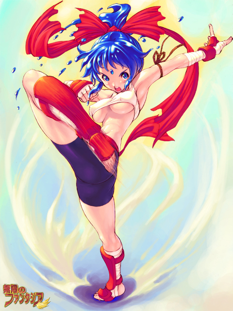 takenami hideyuki, mugen no fantasia, 1girl, bandages, bike shorts, blue eyes, blue hair, breasts, covered erect nipples, female focus, hair ribbon, high kick, kicking, long hair, matching hair/eyes, ponytail, ribbon, solo, underboob