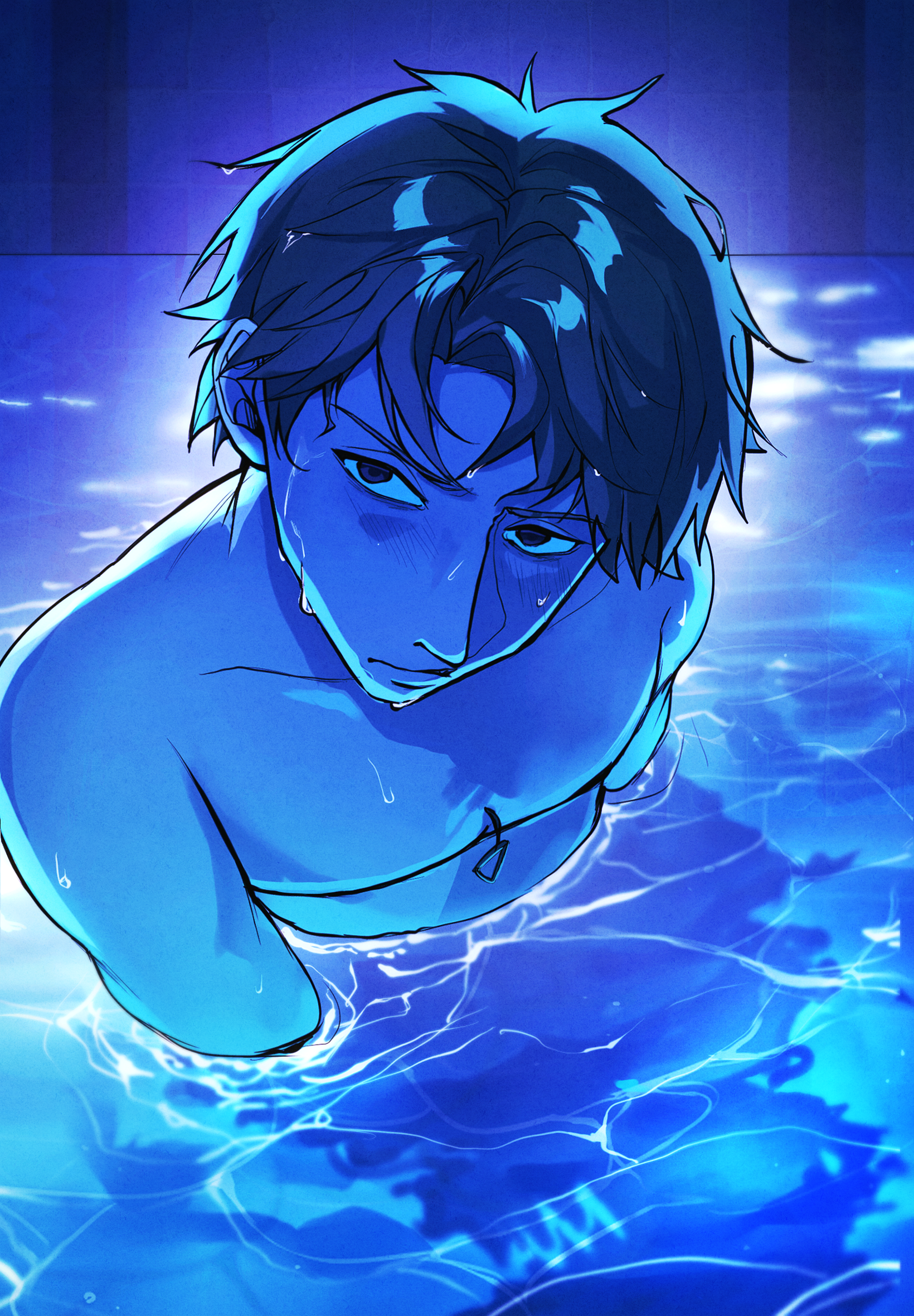denji (chainsaw man), chainsaw man, highres, 1boy, blue hair, blue skin, colored skin, male focus, partially submerged, pool, pull cord, short hair, solo, sopya (artist), wet, wet hair