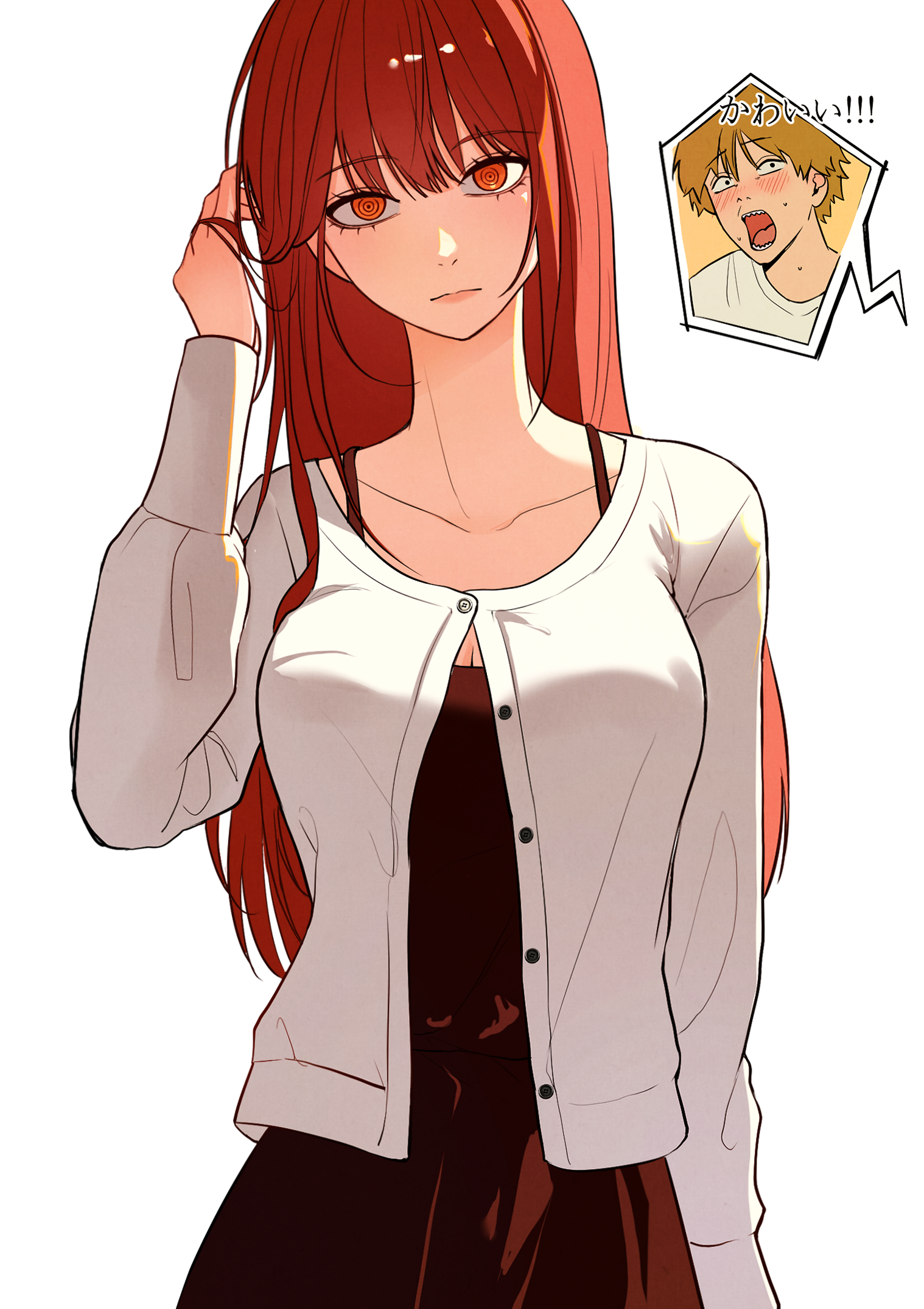 denji (chainsaw man), makima (chainsaw man), chainsaw man, highres, 1girl, blonde hair, breasts, brown dress, cardigan, cleavage, closed mouth, dress, expressionless, long hair, looking at viewer, orange eyes, red eyes, ringed eyes, simple background, sopya (artist), white background, white cardigan