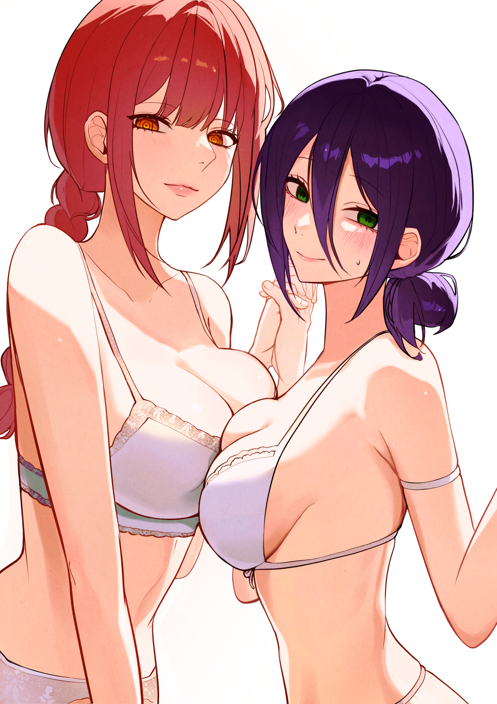 makima (chainsaw man), reze (chainsaw man), chainsaw man, absurdres, commentary, highres, 2girls, bra, braid, braided ponytail, breasts, closed mouth, green eyes, hair between eyes, hair bun, large breasts, long hair, looking at viewer, multiple girls, orange eyes, panties, purple hair, red hair, ringed eyes, sidelocks, smile, sopya (artist), sweatdrop, underwear, white bra, white panties