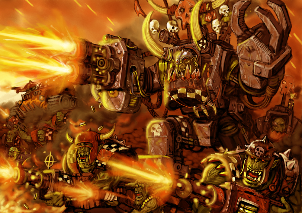 lieqi hun, tamashii (pixiv), ghazghkull mag uruk thraka, warhammer 40k, bad id, bad pixiv id, armor, battle, battlefield, colored skin, epic, green skin, gun, monster, no humans, orc, ork (warhammer), skull, smoke, spikes, weapon