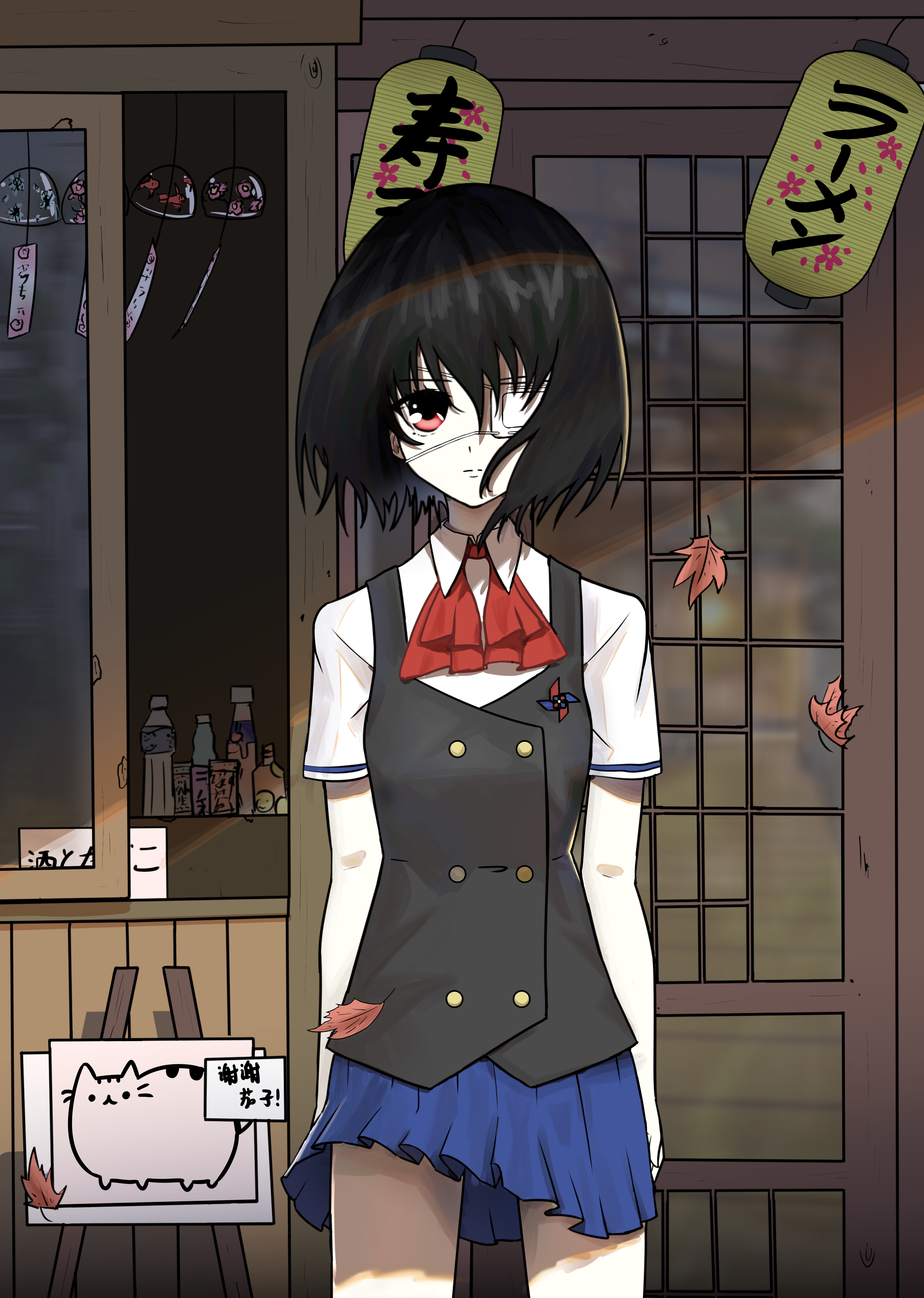 misaki (xxxhackerxxxxx), misaki mei, another, absurdres, commentary request, highres, 1girl, autumn leaves, black hair, black vest, blue skirt, buttons, closed mouth, expressionless, eyepatch, leaf, looking at viewer, medical eyepatch, neck ribbon, one eye covered, red eyes, red ribbon, ribbon, school uniform, shirt, short hair, short sleeves, skirt, solo, vest, white shirt, yomiyama north junior high school uniform