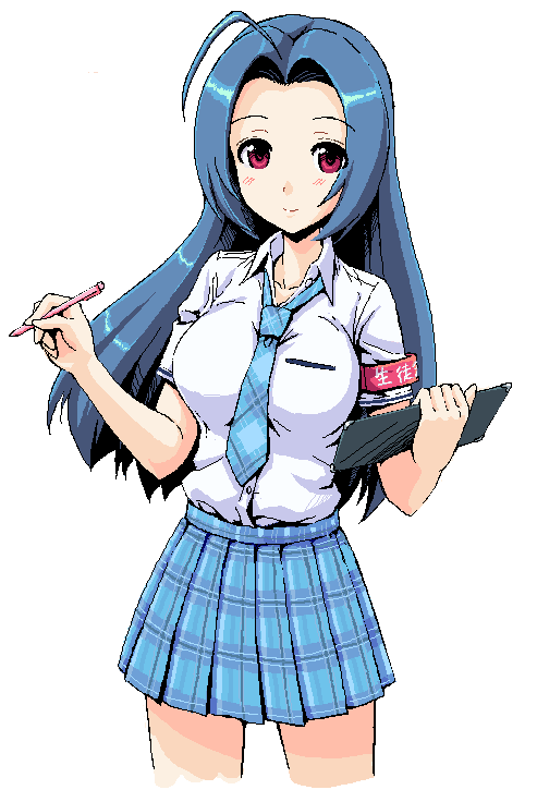 takayaki, miura azusa, idolmaster, idolmaster (classic), 00s, ahoge, blouse, blue necktie, collared shirt, necktie, oekaki, plaid clothes, plaid necktie, plaid skirt, rough time school, school uniform, serafuku, shirt, simple background, skirt, solo, white background, white shirt