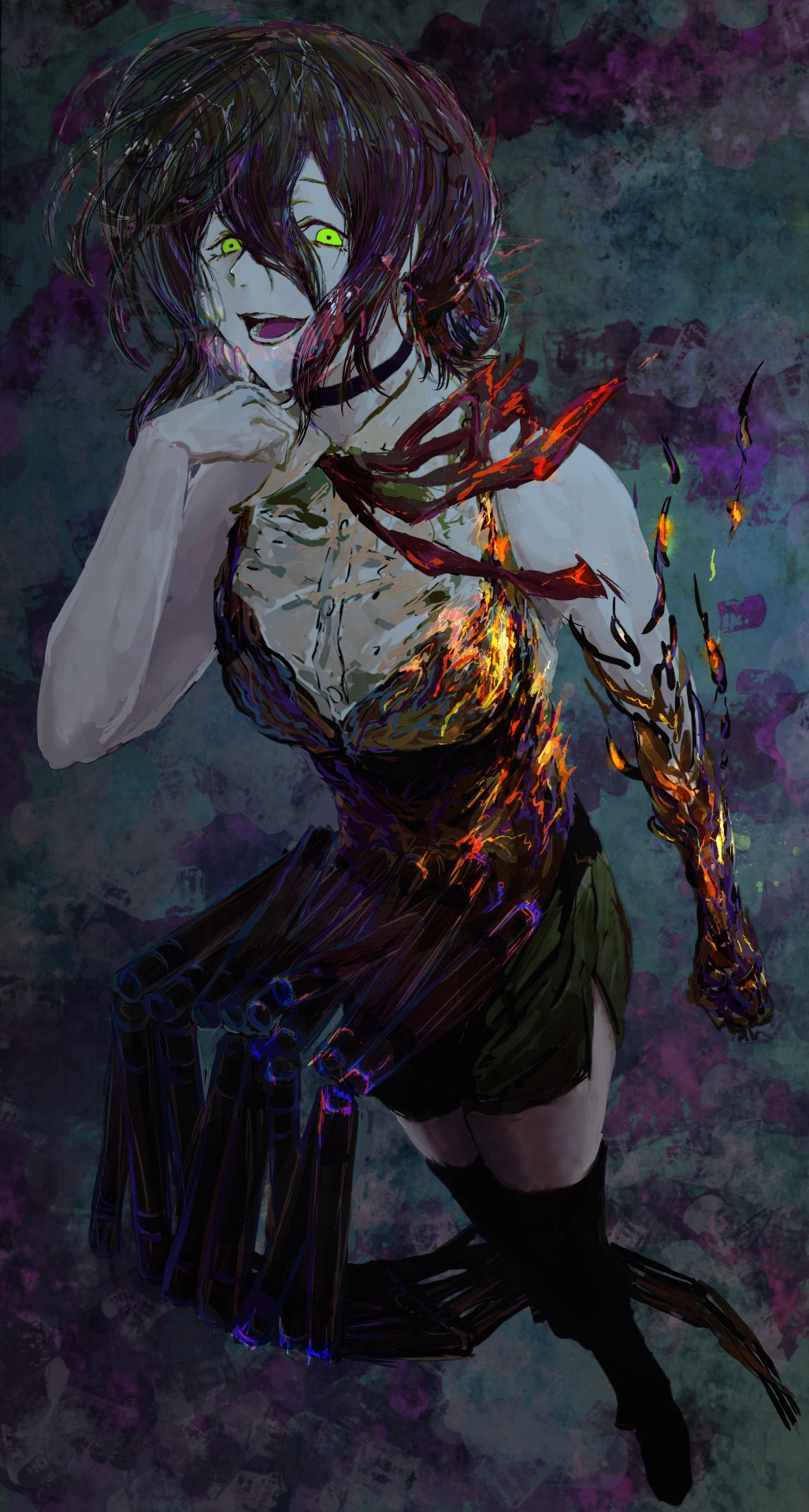 postromanism, reze (chainsaw man), chainsaw man, highres, 1girl, apron, black apron, black choker, black hair, black shorts, black thighhighs, choker, green eyes, open mouth, red ribbon, ribbon, shirt, shorts, sleeveless, sleeveless shirt, solo, teeth, thighhighs, white shirt