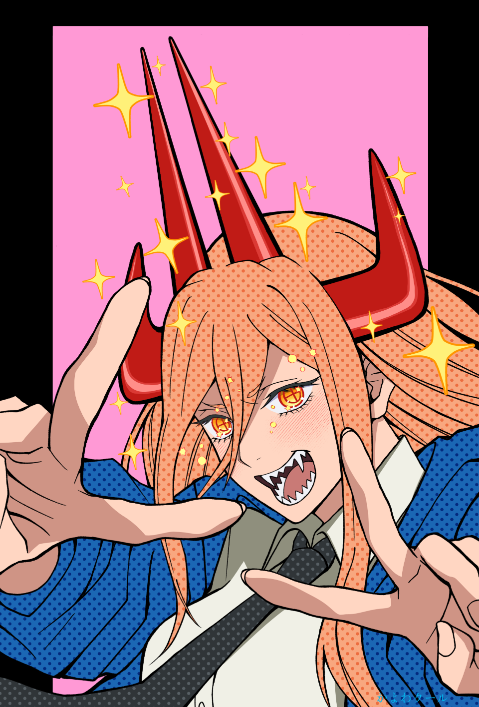 kayowacool007, power (chainsaw man), chainsaw man, highres, 1girl, black border, black necktie, blonde hair, blue jacket, border, collared shirt, cross-shaped pupils, demon girl, demon horns, double v, hair between eyes, horns, jacket, long hair between eyes, looking at viewer, multiple horns, necktie, pink background, red horns, sharp teeth, shirt, solo, sparkle, symbol-shaped pupils, teeth, v, white shirt, yellow eyes
